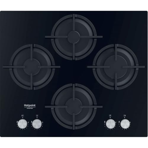 Hotpoint - QS61S/BK Plaque Gaz 4 Foyers en Verre Noir - Encastrable, Puissance 7300W - Commandes Frontales - Sécurité Gaz Intégrée - L 59,6 x H 5,1 x P 51...