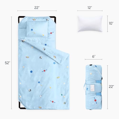 Image of Wake In Cloud - Cot Nap Mat with Pillow and Blanket, 100% Cotton Fabric, for Toddler Kids Boys Girls Ages 3 Plus in Daycare Kindergarten Preschool, Stars Space Rockets