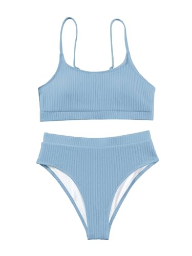 Image of Lilosy High Waisted Tummy Control Ribbed Bikini Crop Top Brazilian Swimsuit Set 2 Piece