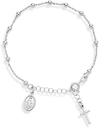 Miabella 925 Sterling Silver Italian Rosary Cross Bead Charm Link Chain Bracelet for Women Teen Girls, Adjustable, Made in Italy (Length 6 to 7 Inch)
