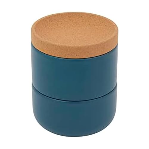 Image of Ceramic and Cork 3 Piece Stackable Salt and Pepper Cellar For Countertop Space Saving, Easy Lift Lid to Retain Freshness, Natural Cork and Teal Ceramic