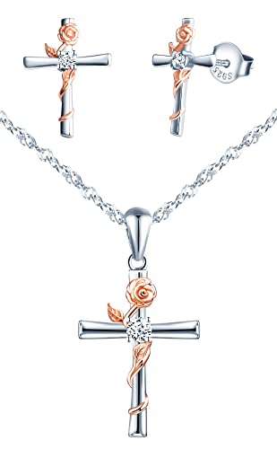 INFINIONLY Collier et Boucles d'oreilles pour femmes et filles, Bijoux Parures en argent 925, Fleur en or rose entrelacée de la croix en argent, Procédé...
