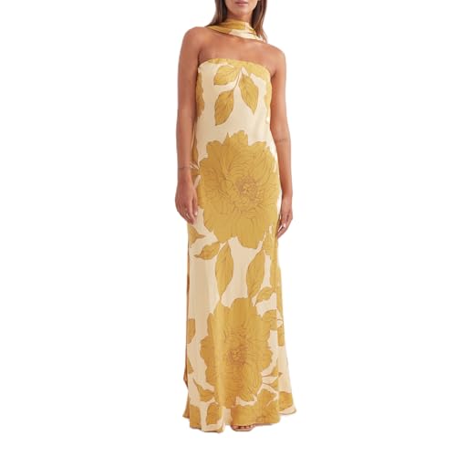 Image of Women Floral Strapless Maxi Dress Y2K Bodycon Tube Long Dresses Sexy Party Formal Cocktail Beach Slit Dress