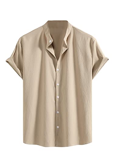 Cozyease Men's Button Down Shirt Short Sleeve Collar Neck Casual Shirts Tops Khaki Satin L #TOP13