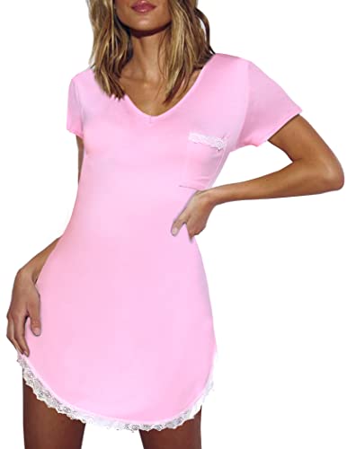 Ekouaer Women's Nightgown Modal Sleepshirt Sexy Lace V Neck Short Sleeve Sleepwear, Pink, L #TOP1