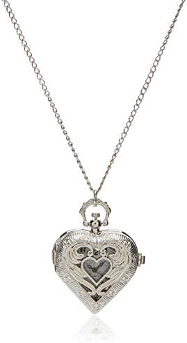 JewelryWe Vintage Silver Tone Heart Locket Style Pendant Pocket Watch Necklace for Girls Lady Women, 30-inch Chain, for Mother’s Day