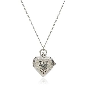 JewelryWe Vintage Silver Tone Heart Locket Style Pendant Pocket Watch Necklace for Girls Lady Women, 30-inch Chain, for Mother’s Day