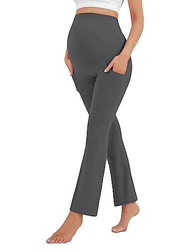Image of HEGALY Women's Maternity Flare Leggings Over The Belly - Casual Pregnancy Yoga Pants with Pockets Buttery Soft, Dark Grey, Medium