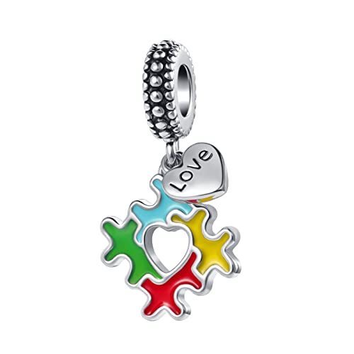 Autism Awareness Charm Compatible with Pandora Bracelet Puzzle Piece Love Heart Dangle Bead for Women