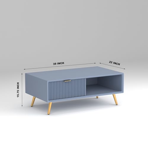Image of ONIJA Modern Coffee Table for Living Room | HDMR Premium Wood Center Table with Storage Shelf | Matte Finish Coffee Table | Wooden Tea Table with Sturdy Legs (Slate Blue)