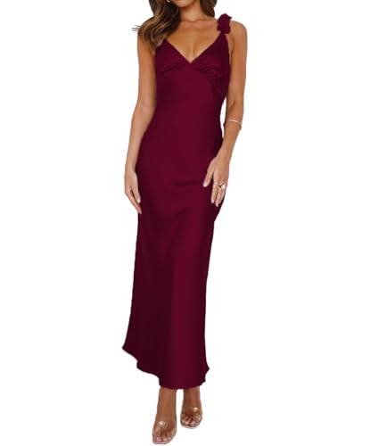 Image of Phicia Summer Satin Spaghetti Strap V Neck Midi Dresses for Women Wedding Guest Elegant Flower Backless Cocktail Formal Dress