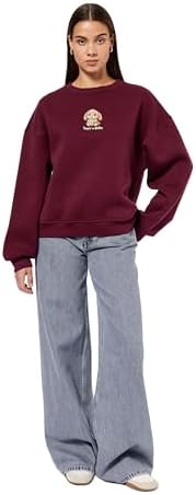 Şardonlu Uzun Kollu Bisiklet Yaka Köpek Nakışlı Oversize Sweatshirt - Görsel 1