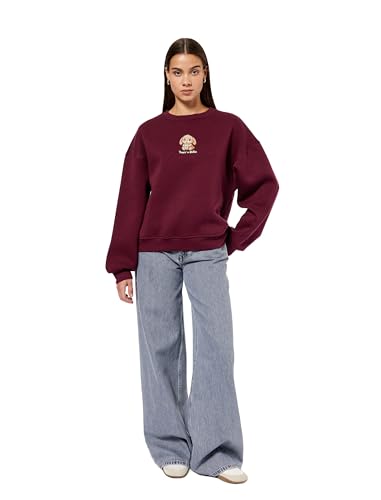 Şardonlu Uzun Kollu Bisiklet Yaka Köpek Nakışlı Oversize Sweatshirt
