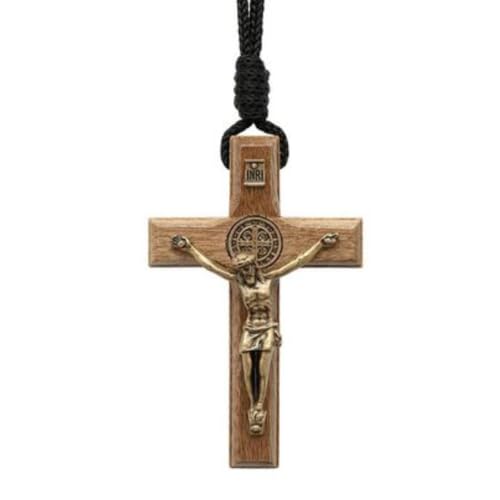 Colar Cordão Crucifixo Madeira Coroinha 7 cm Com São Bento