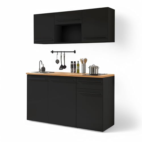 Stella Trading Jazz Single Moderne Küchenzeile mit Elektrogeräten in Schwarz matt, Lanzelot Eiche Optik - Geräumige Einbauküche mit viel Stauraum...