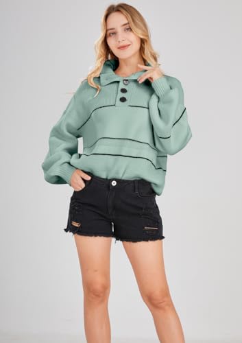 Image of chouyatou Women's Slouchy Waffle Knit Sweater 1 /2 Button Polo Collared Pullover Striped Sweater Tops