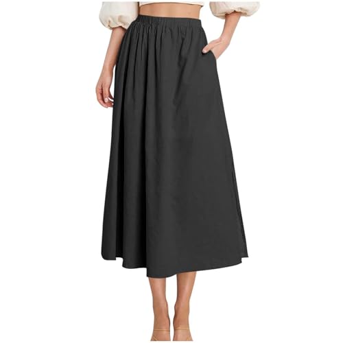 Women's Casual Skirt Elastic High Waist Pleated Flowy A-Line Midi Skirts 2025 Summer Trendy Midi Skirt with Pockets Black