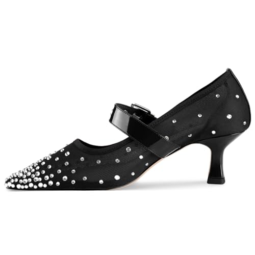 Image of Women's Mesh Closed Pointed Toe Heels Rhinestone Ankle Strap Buckle Kitten Heeled Mary Jane Pumps Dressy Prom Wedding Sandals Shoes 2 inch