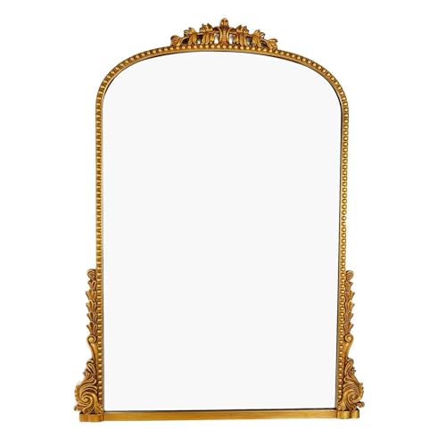 NYASAA Espejo de Pared Tradicional Vintage Dorado, Espejo Barroco Ornamentado, 60×80cm Espejo Decorativo de Arco Grande, Espejo de Latón Antiguo para Entrada Chimenea Salón Pasillo Baño