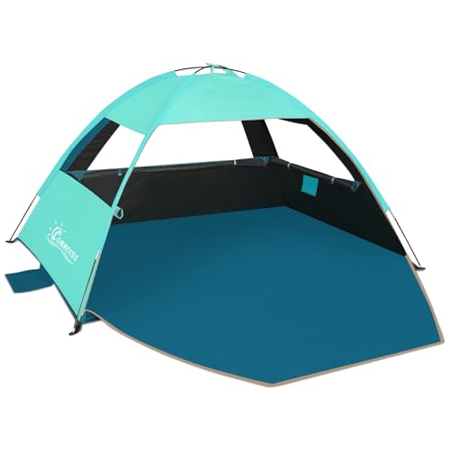 Image of COMMOUDS Beach Tent Sun Shade for 3 /4-5 /6-7 /8-10 Person, UPF 50+ Beach Sun Shelter Canopy Tent, Lightweight, Easy Set Up and Carry