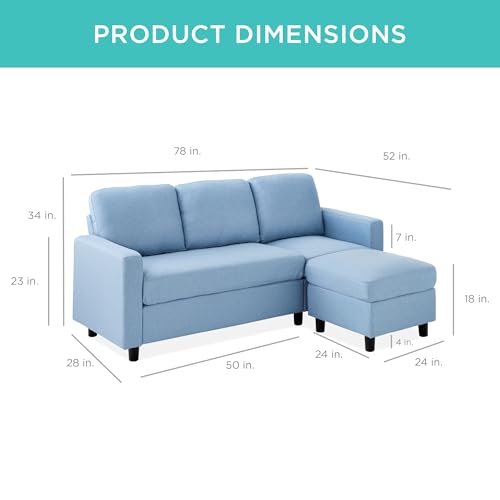 Image of Best Choice Products Upholstered Sectional Sofa for Home, Apartment, Dorm, Bonus Room, Compact Spaces w /Chaise Lounge, 3-Seat, L-Shape Design, Reversible Ottoman Bench, 680lb Capacity - Light Blue