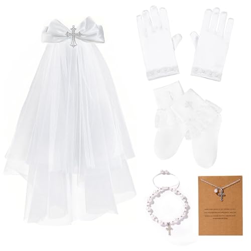 5 Pcs Catholic Girls First Holy Communion Lace Veils with Bow Cross Socks White Satin Gloves Accessories Sets for Wedding