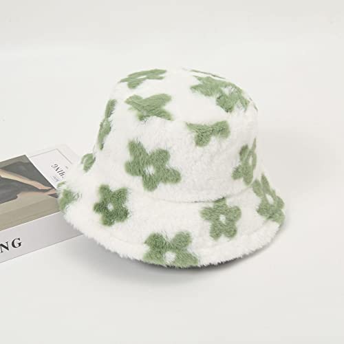 Yonchic Winter Soft Faux Fur Plush Bucket Hat, Lovely Flower Shape Fisherman Cap, Fashion Outdoor Thick Warm Sun Cap For Women (Green) #TOP1