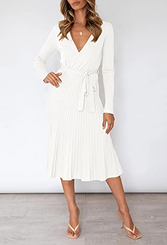 Women Wrap V Neck Long Sleeve Pleated Hem Fitted Belted Long Knit Sweater Dress White L #TOP1