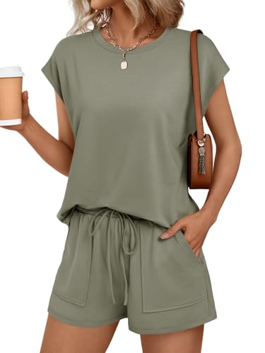 Image of AUTOMET Womens Crew Neck Two Piece Short Sets Cap Sleeve Drawstring Summer Sweatsuit with Pocket