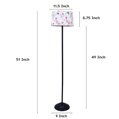 Image of tu casa Black Metal-Iron Base Foldable Floor Lamps with Flower Print & Satin Shade for Bedroom, Living Room, Lounge, Office Area, Gifting Without Bulb for Home Decoration (Height - 53 inch)