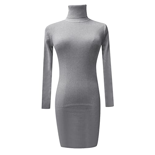 GOSTYLES® Women Ribbed Polo Neck Midi Dress - Ladies Knitted Long Sleeve Turtle Neck Bodycon Jumper Top (Grey, Large)