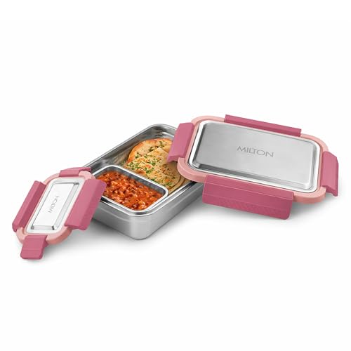 Image of MILTON Modern Meal Sr. Stainless Steel Tiffin, Set of 2 (950 ml,150 ml), Pink | Food Grade | BPA Free | Refrigerator Safe | Odour Free I Durable and Stylish Lunch Box for Home, Office & Travel