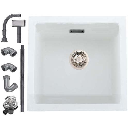 iAnomla Évier Cuisine en Quartz Blanc, 40 X 45 cm, Évier Simple en Composite Encastré/Sous Plan, Évier Commercial Avec Trop-Plein, Kit de Déchets, Adapté...