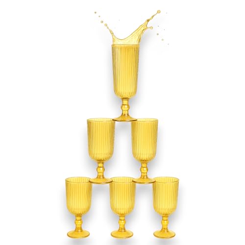 KORAT Set 6 Bicchieri Natalizi Rigati in Vetro Calici, Flute Design Elegante Rosso/Oro Per Vino, Prosecco e Decorazioni Natalizie per Tavola Natale e Festività (Flute - Rigato Oro - 160 ML)