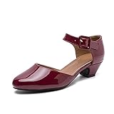 Enelauge Women's Ankle Strap Closed Toe Low Chunky Heel Dress Work Pumps Wine Red 38-7 US