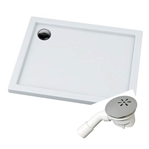 VBChome Duschwanne Duschtasse 70 x 90 x 5 cm Rechteckig für Duschkabine Styroporträger flach Sanitär-Acryl Duschbecken stabil glatt weiß Dusche+ Ablaufgarnitur Viega Tempoplex