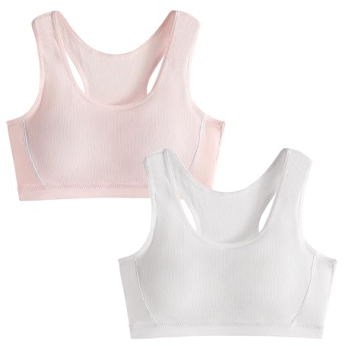 Girls Ribbed Sports Bras Stretch Racerback Training Bra Cotton Padded Bralette 2 Pack Thin Bra for Teens 12-14 Years White Pink 2024