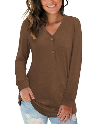 AUSELILY T-Shirt col V à Manches Longues pour Femmes Ample Décontracté Henley Chemisier Tunique Tops Bouton Blouses(Marron,M)