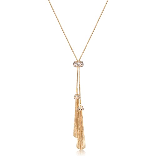 Tassel Pendant Lariat Y Necklace Long Snake Chain Necklaces with Adjustable Crystal Slider Ball