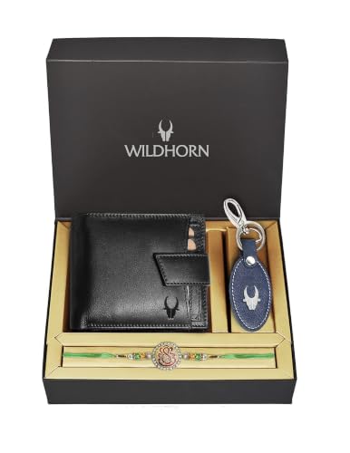 Image of WildHorn Rakhi Gift Hamper for Brother - Classic Men's Combo /Gift Set of Leather Wallet, Keyring and Rakhi for Brother (Obsidian Black)