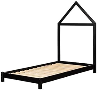 Rosebery Kids Modern Wood Platform Bed/Unique House Headboard Included/Wood Slat Support/Box Spring Not Required/Twin Size/Black