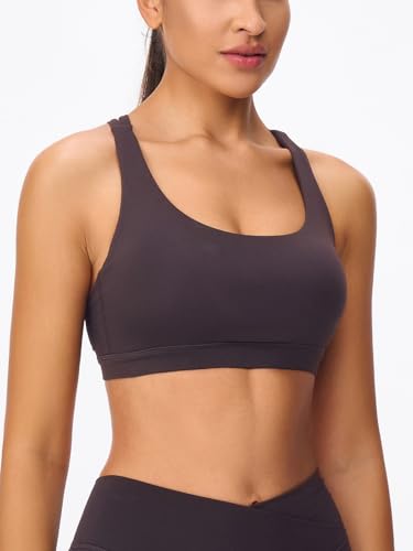 Image of Women's Strappy Sports Bras Light Compression Crop Criss Cross Back Padded Workout Yoga Bra Supportive U Neckline