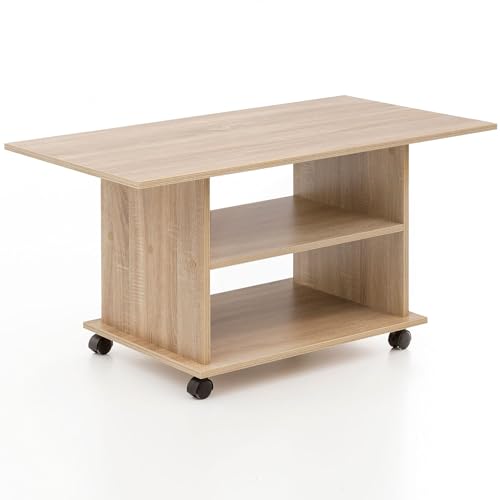 FineBuy Design Couchtisch 95 x 51 x 54,5 cm Drehbar mit Rollen, Wohnzimmertisch Coffee Table, Sofatisch Loungetisch Holz, Kaffeetisch mit Stauraum Sonoma