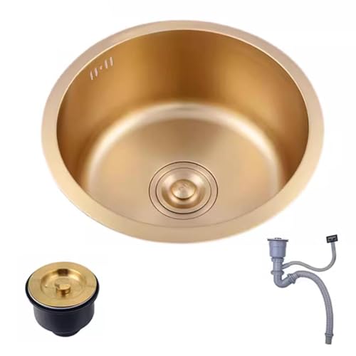 CSXSXAUO Lavavajillas Compacto de Acero Inoxidable Dorado de un Solo tazón de 32/36/40 cm, Redondo, con sifón, para autocaravanas, Bares, Estudios, Apartamentos, cocinas pequeñas (32 x 32 x