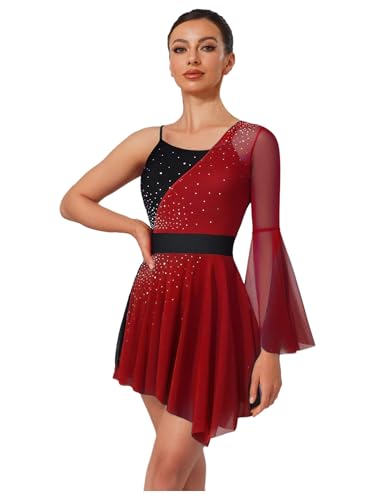 TSSOE Adultes Femmes Robe de Patinage Artistique Blocs de Couleur sans Manches Robe de Danse lyrique sans Manches pour Femme Red S