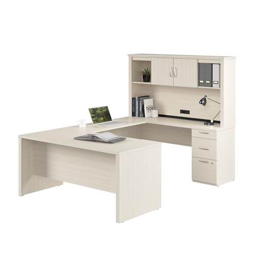 Bestar Logan 66W U or L-Shaped Executive Office Desk with Pedestal and Hutch in White Chocolate