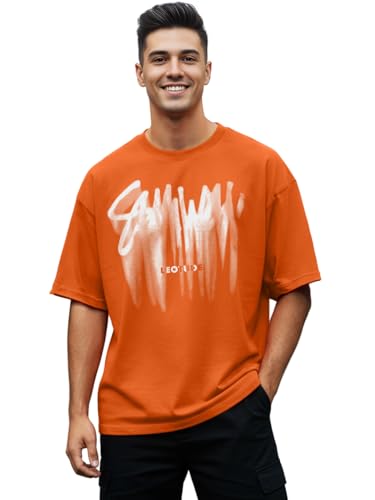 Image of LEOTUDE Classy Look Half Sleeve Cottonblend Front Printed Round Neck Drop Shoulder Oversized Tshirt for Man (Color Orange)