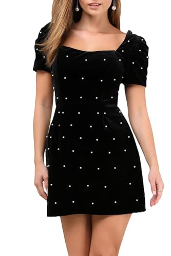 Women's Velvet Pearl Mini Dress Short Sleeve Square Neck Party Club Elegant Short Dresses