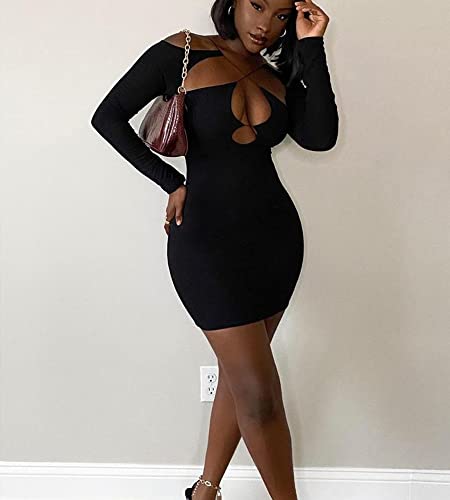 Lufeng Women's Sexy Long Sleeve Cold Shoulder Crisscross Cutout Backless Bodycon Club Mini Dress Black #TOP2