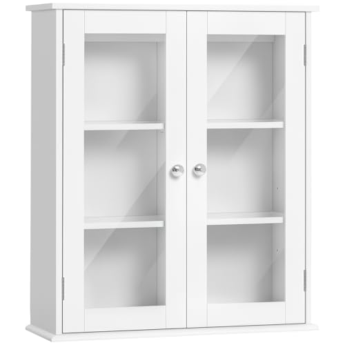 kleankin Armario de Pared Baño de 2 Puertas de Cristal Armario Colgante Multiusos para Cocina Salón con Estantes Interiores y Balda Ajustable 55x20x65 cm Blanco